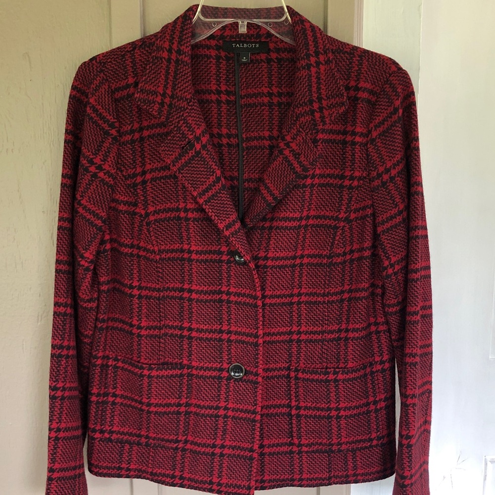 Talbots Wool Blend Red and Black Plaid Checkered Blazer Size 8